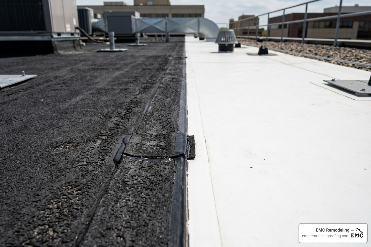 comparison of EPDM rubber texture versus white TPO membrane - fix a flat roof