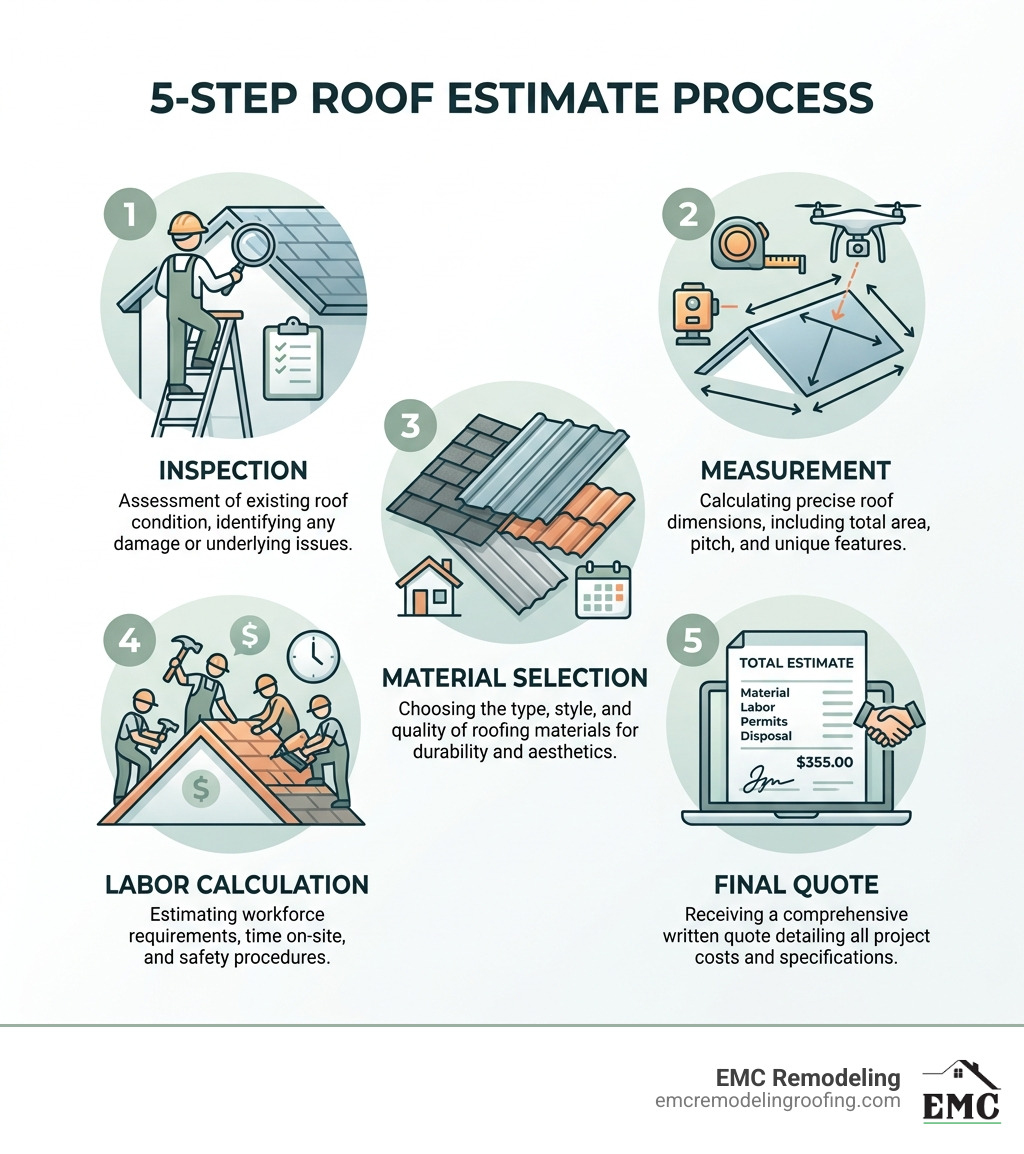 5-step roof estimate process infographic showing inspection, measurement, material selection, labor calculation, and final