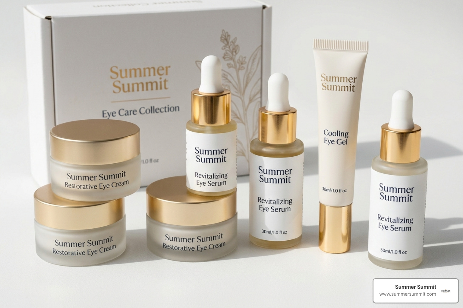 A collection of Summer Summit eye care products on a clean, white background - gentle eye cream irritant free