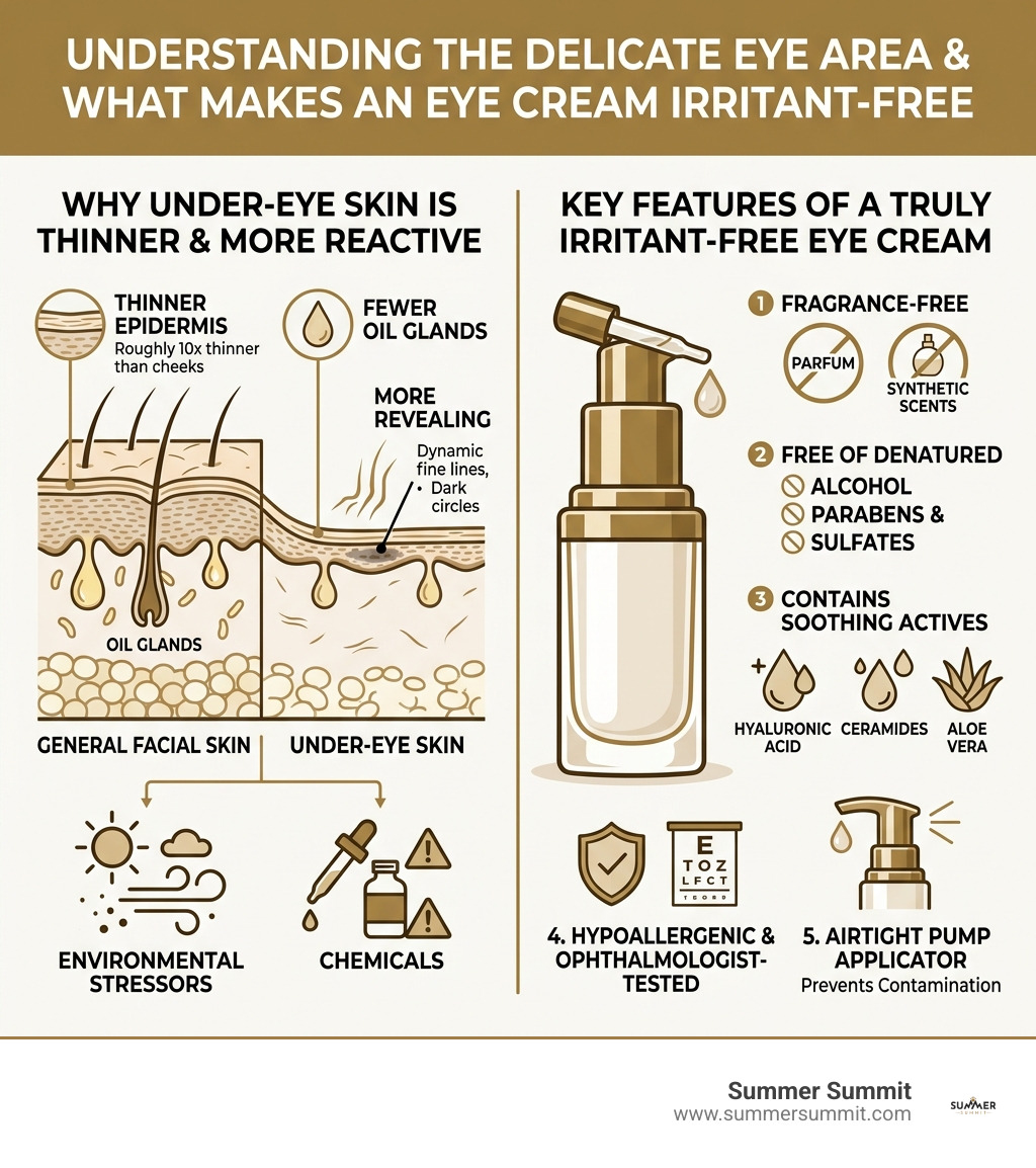 Infographic showing why under-eye skin is thinner, more reactive, and what makes an eye cream truly irritant-free - gentle