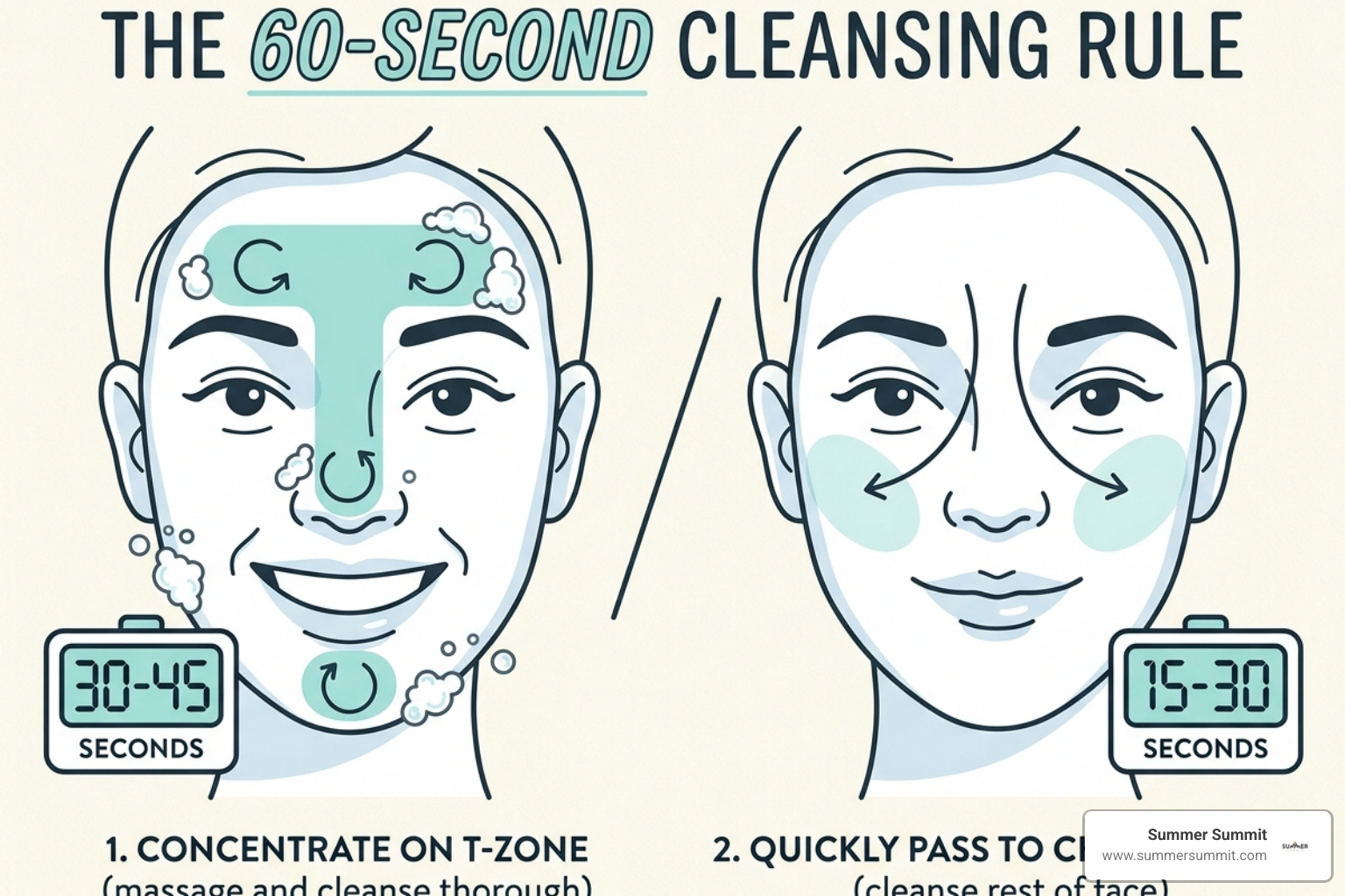 Illustration of the 60-second cleansing rule focusing on the T-zone - salicylic acid cleanser for combination skin