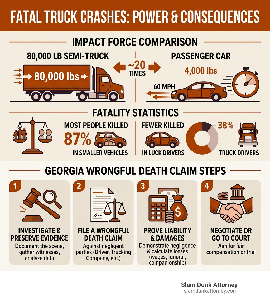infographic showing 80000 lb semi-truck vs passenger car impact force fatality statistics Georgia wrongful death claim steps