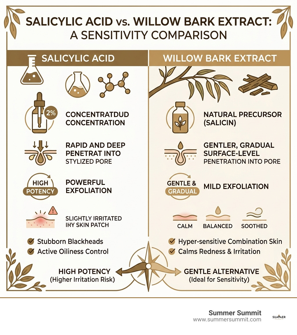 Infographic comparing Salicylic Acid vs. Willow Bark Extract for sensitivity - salicylic acid cleanser for combination skin