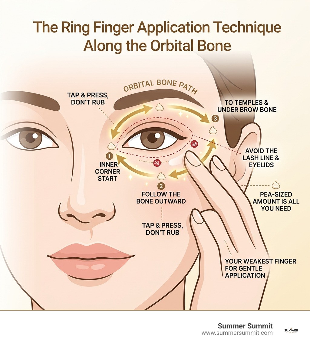 Infographic showing the ring finger application technique along the orbital bone - gentle eye cream irritant free