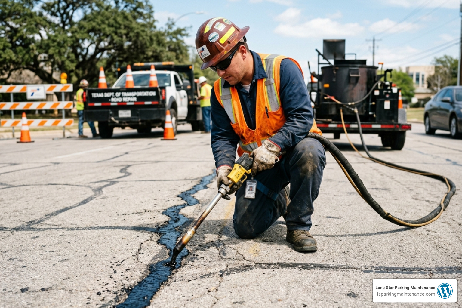Technician using a hot-pour wand to seal asphalt cracks - asphalt crack repair service Technician using a hot-pour wand to seal asphalt cracks - asphalt crack repair service