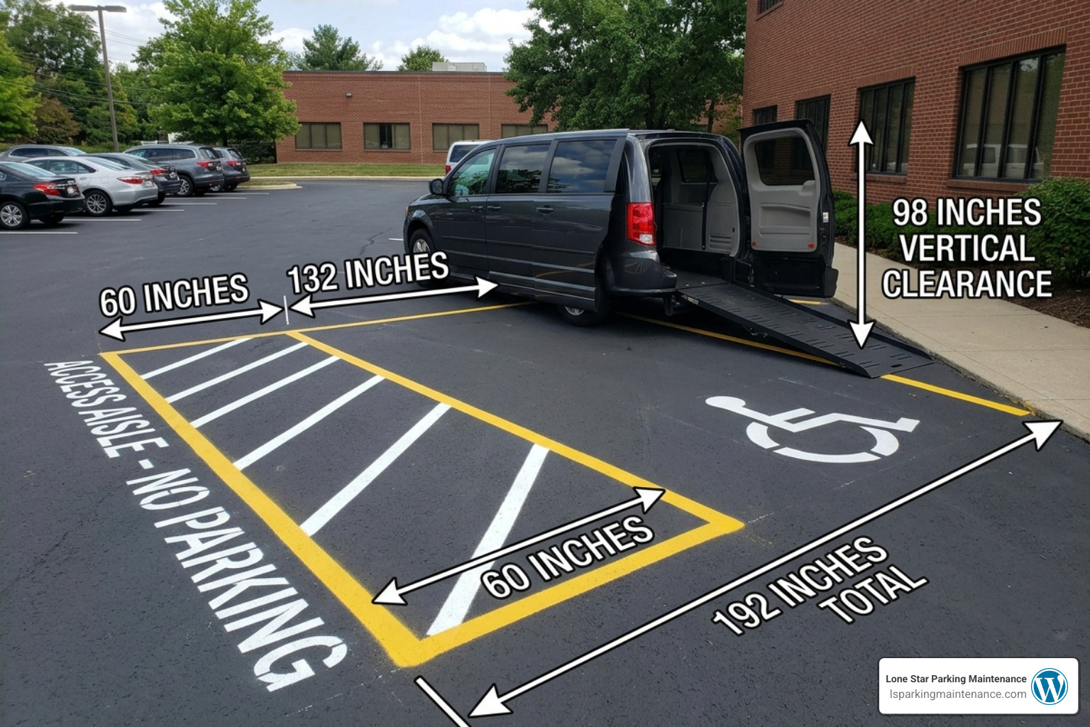 Dimension diagram of a van-accessible parking space showing width, aisle, and vertical clearance - ada van accessible Dimension diagram of a van-accessible parking space showing width, aisle, and vertical clearance - ada van accessible
