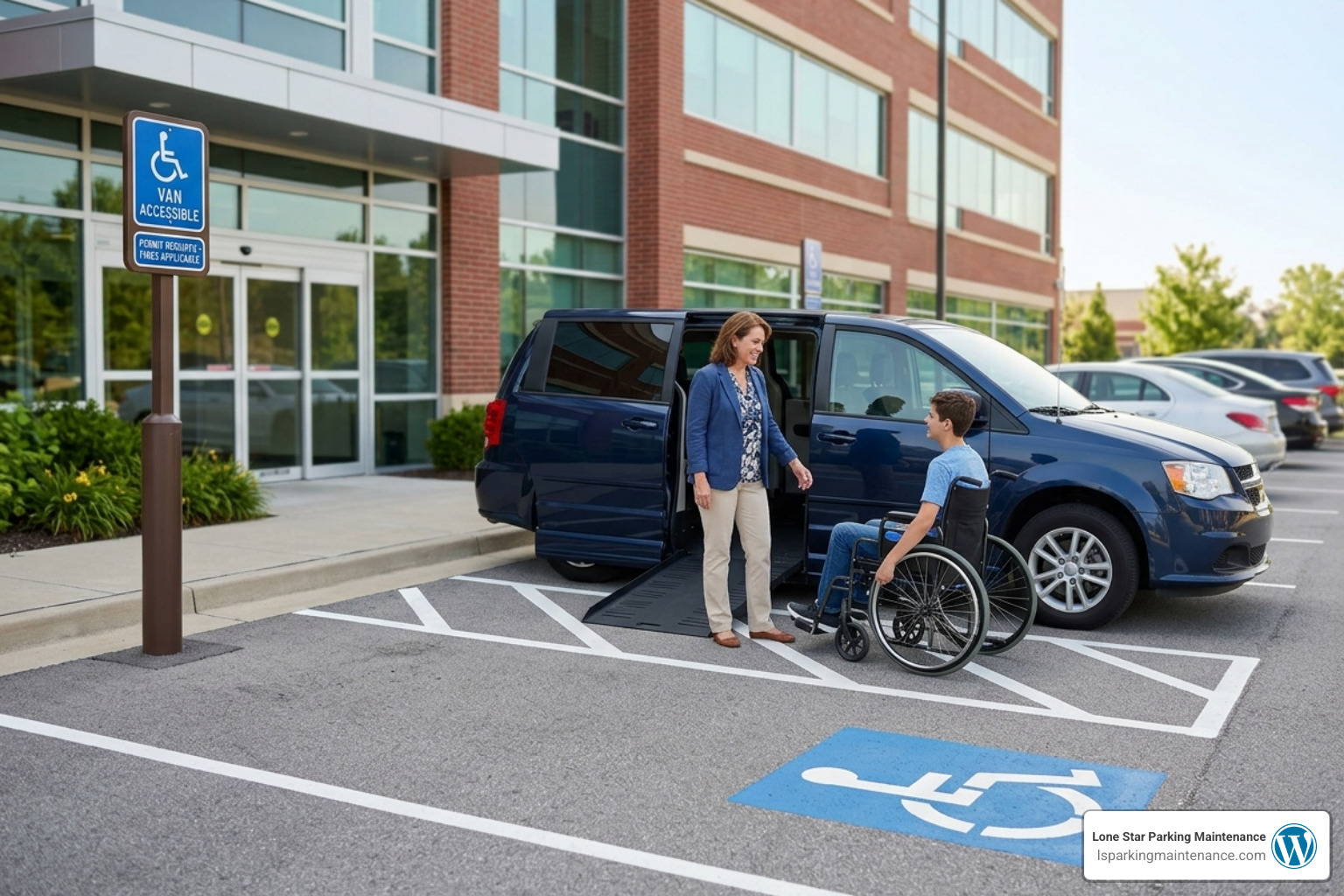 Parking lot layout showing dispersed accessible spaces located on the shortest route to entrances - ada van accessible Parking lot layout showing dispersed accessible spaces located on the shortest route to entrances - ada van accessible