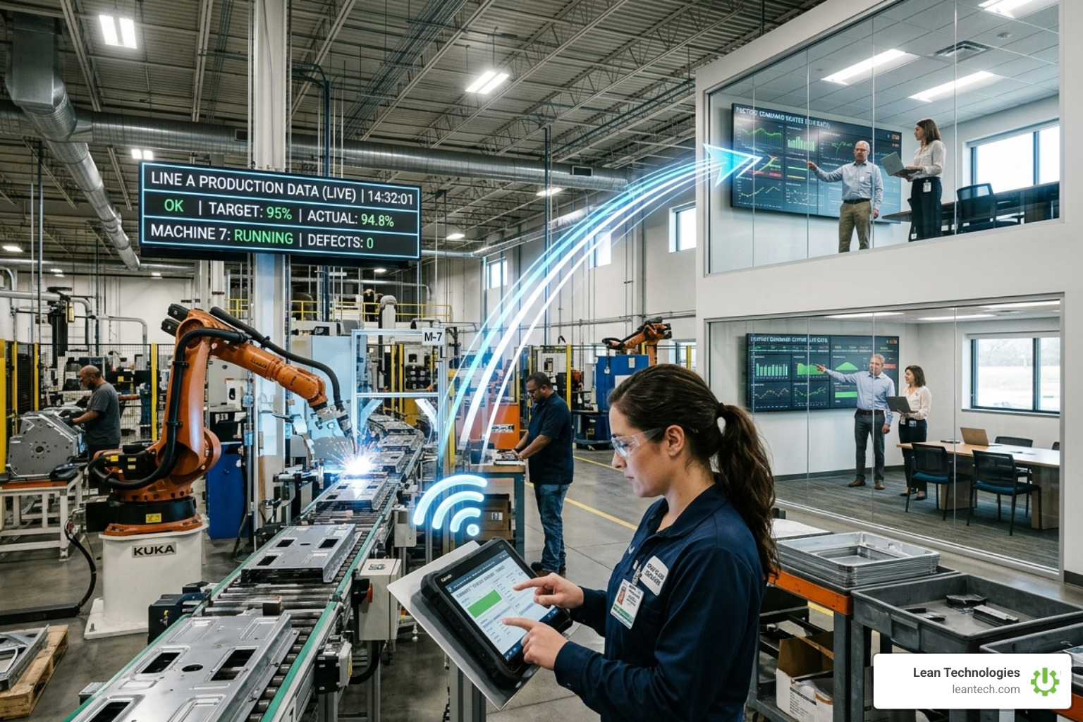 Integrated manufacturing workflow showing real-time data flow from shop floor to office - all-in-one manufacturing control Integrated manufacturing workflow showing real-time data flow from shop floor to office - all-in-one manufacturing control