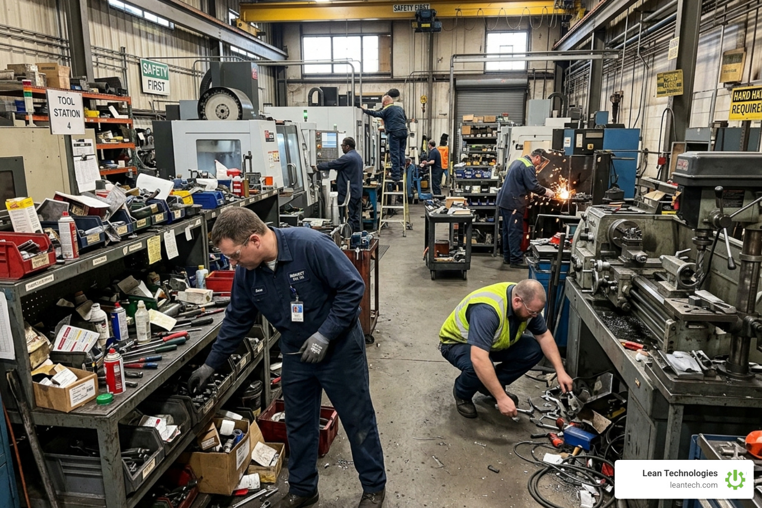 chaotic manufacturing shop floor with workers searching for tools - real-time asset tracking software chaotic manufacturing shop floor with workers searching for tools - real-time asset tracking software