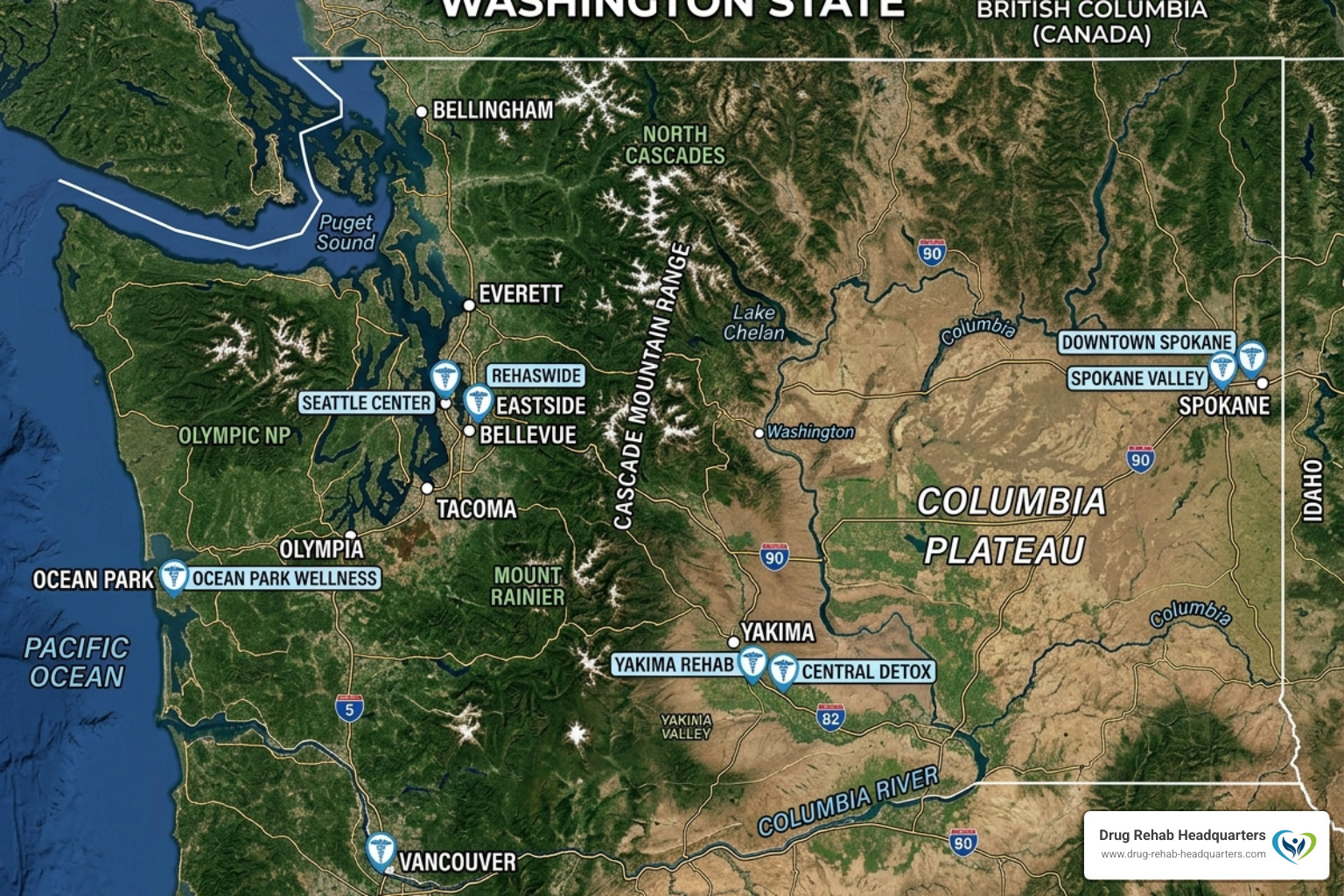 Map of key Washington cities with detox and rehab facilities - Washington state detox centers