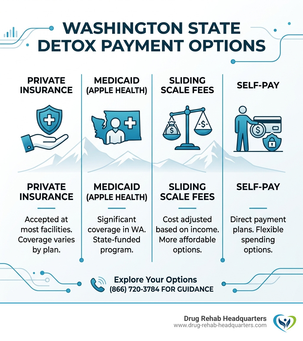 Infographic showing payment options: Private Insurance, Medicaid, Sliding Scale, and Self-Pay - Washington state detox