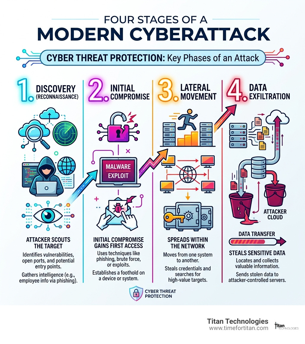 Four stages of a modern cyberattack: discovery, compromise, lateral movement, and data exfiltration - cyber threat Four stages of a modern cyberattack: discovery, compromise, lateral movement, and data exfiltration - cyber threat
