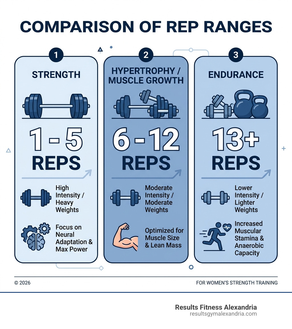 comparison of rep ranges: Strength (1-5 reps), Hypertrophy/Muscle Growth (6-12 reps), Endurance (13+ reps) - women's