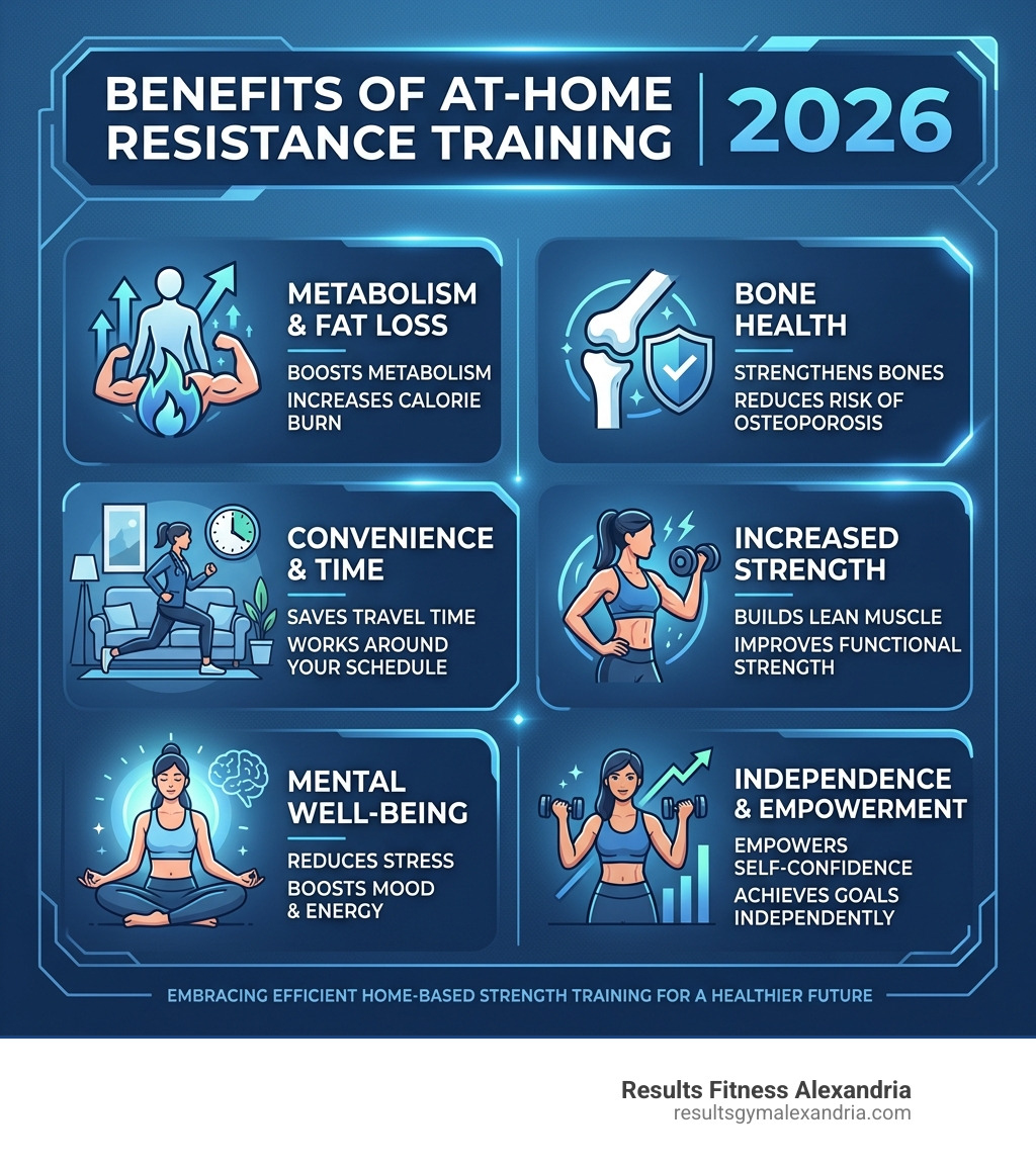 Benefits of at-home resistance training for women in 2026 infographic - strength training workouts for women at home