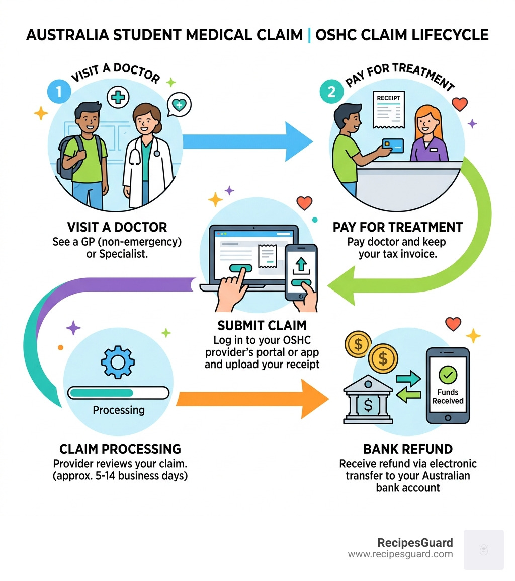 Infographic showing the OSHC claim lifecycle from doctor visit to bank refund - australia student medical claim infographic 