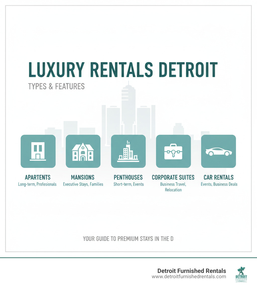 Types of luxury rentals in Detroit: apartments, mansions, penthouses, corporate suites, and car rentals with key features