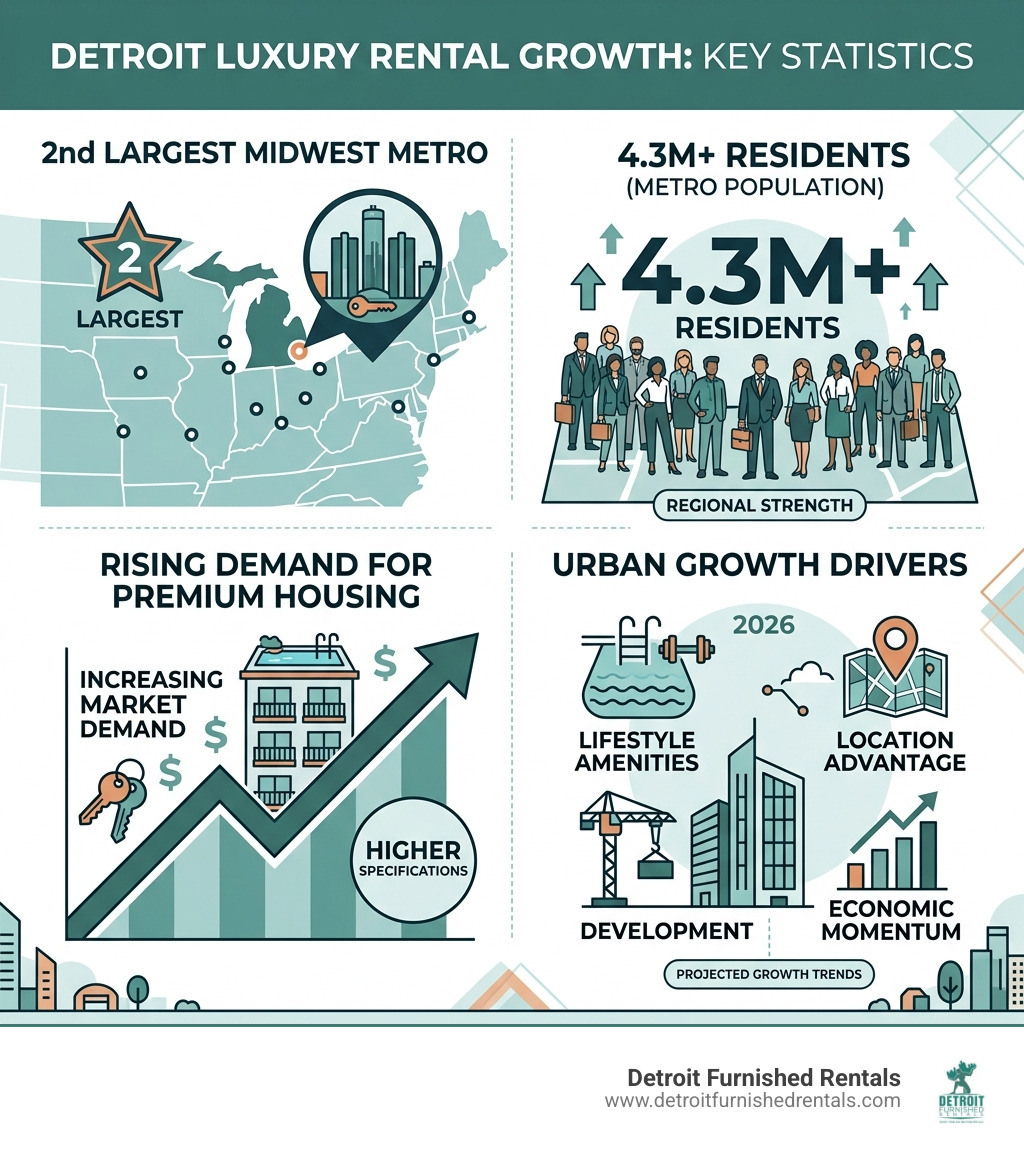 Statistics on Detroit luxury rental growth: 2nd largest Midwest metro, 4.3M residents, rising demand for premium housing