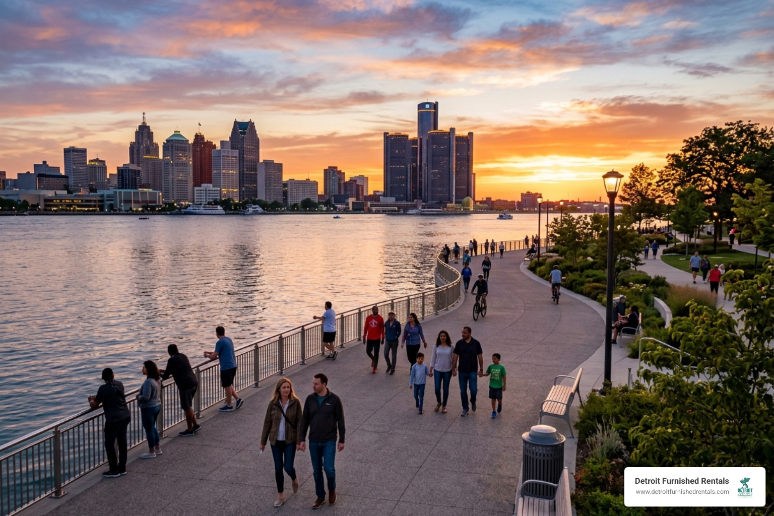 Modern Detroit Riverwalk at sunset showing the skyline and water - extended stay loft Detroit