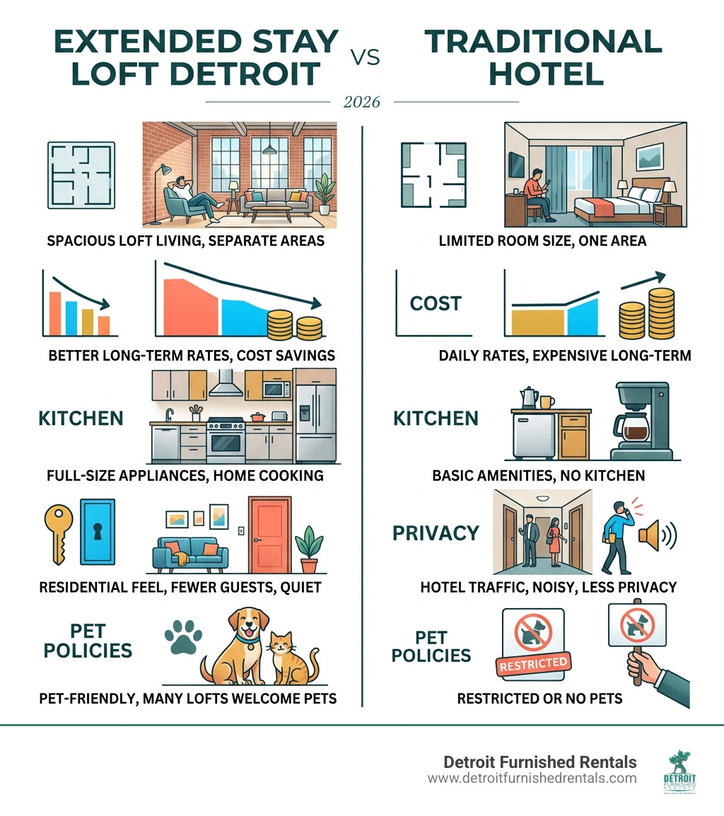 Infographic comparing extended stay loft Detroit vs traditional hotel: space, cost, kitchen, privacy, pet policies