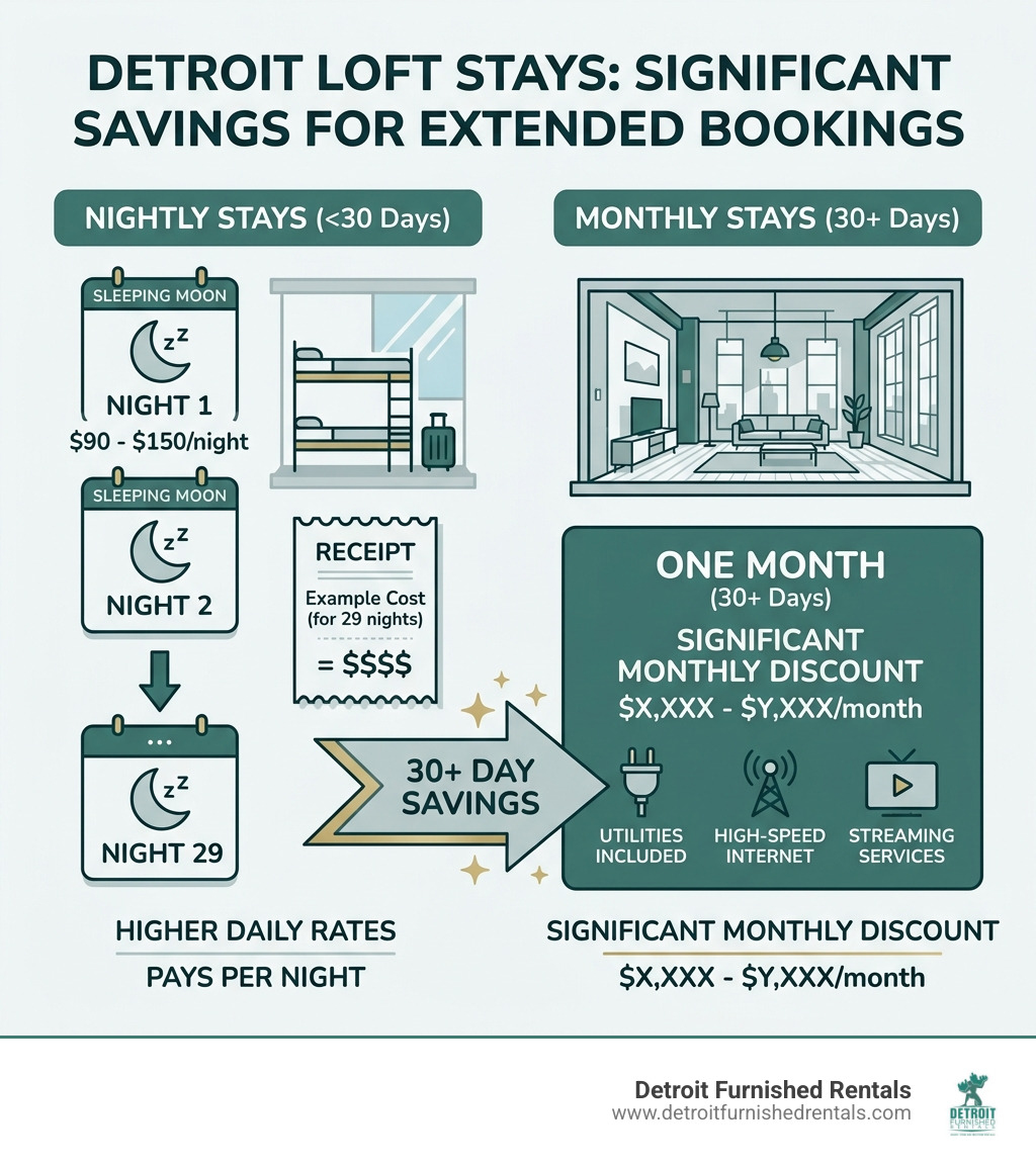 Table comparing nightly vs monthly rates for Detroit lofts showing significant savings for 30+ day stays - extended stay