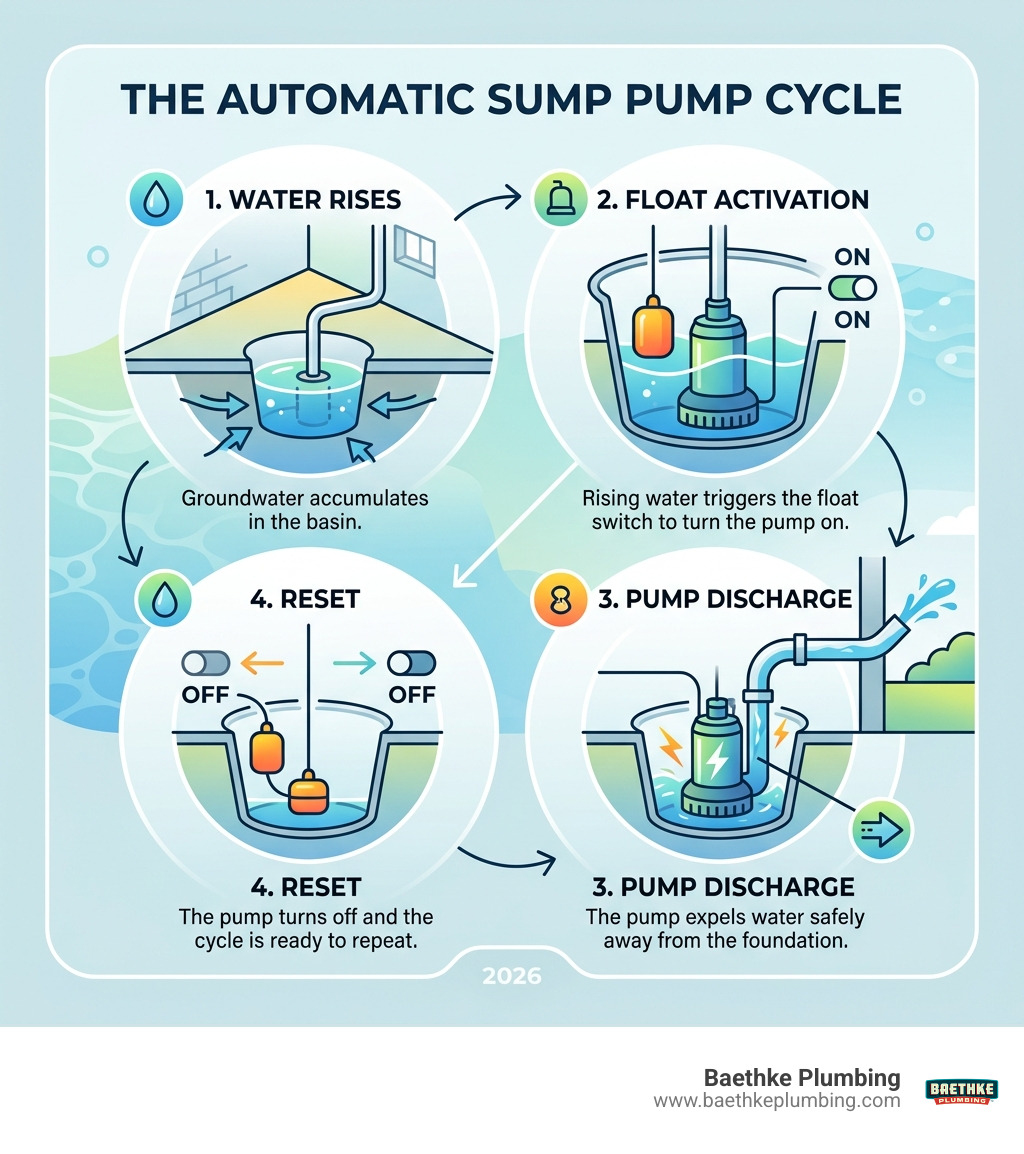 Automatic sump pump cycle infographic showing water rising, float activation, pump discharge, and reset - sump pump