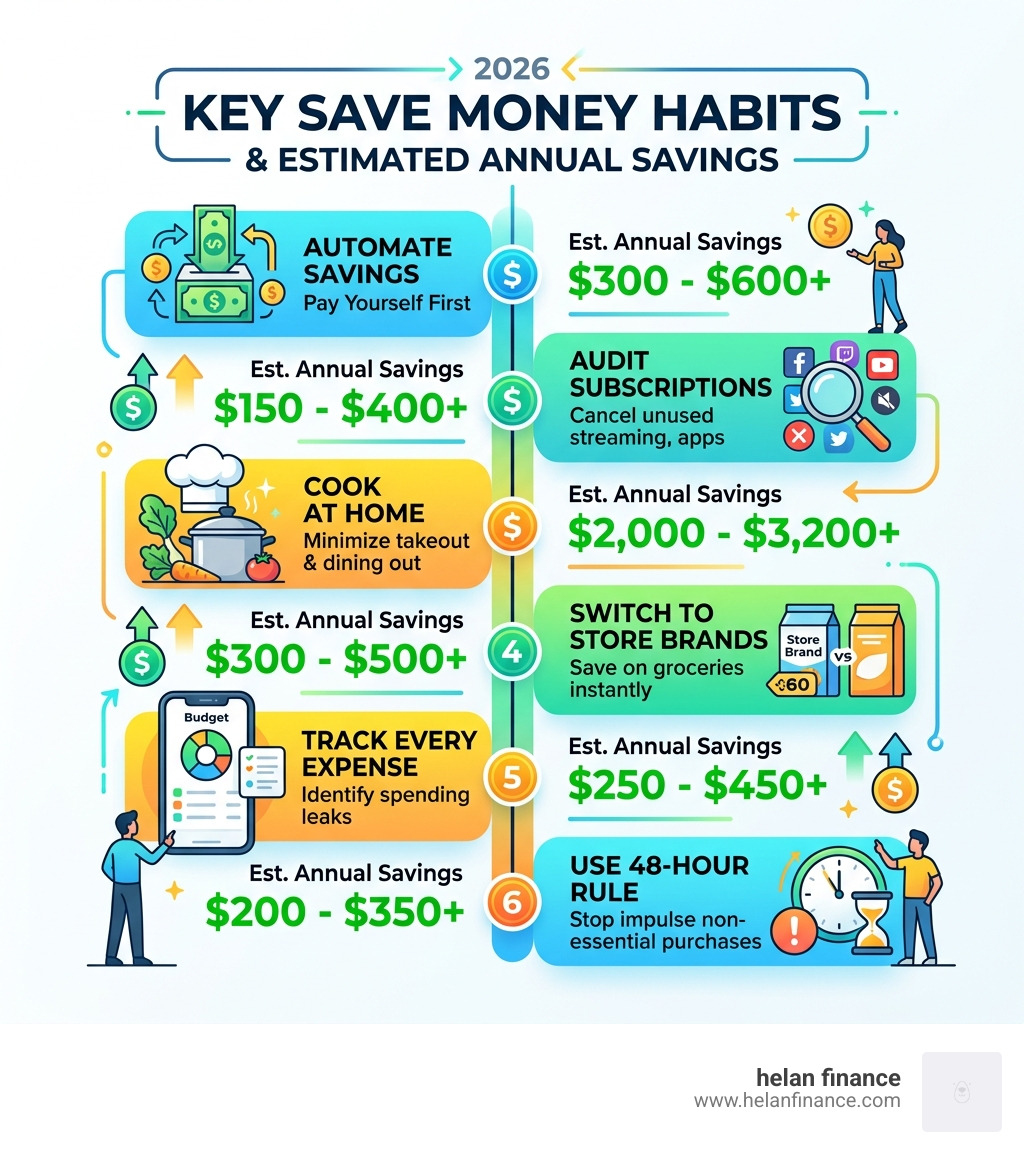 Key save money habits and estimated annual savings per category - save money habits infographic 