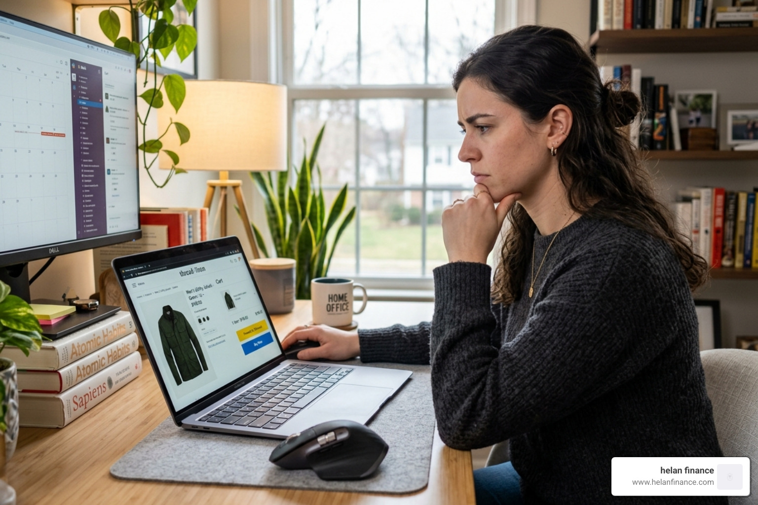 A person pausing at their laptop before clicking 'Buy Now' to reflect on the purchase - save money habits