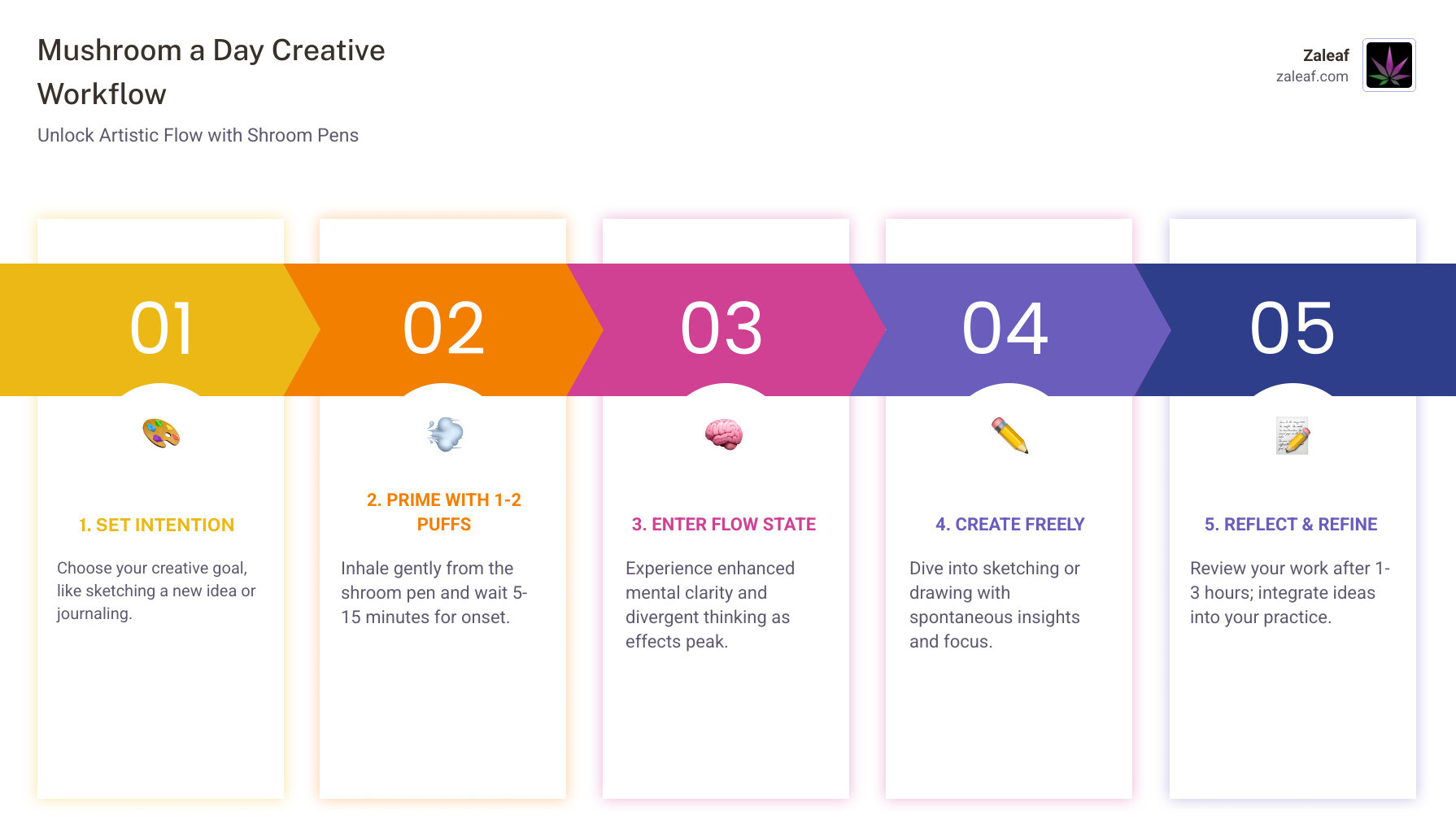 Mushroom a Day creative workflow infographic showing shroom pen dosing, onset time, and sketching steps - inspire creativity
