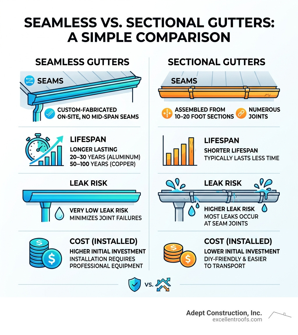 Infographic comparing seamless vs sectional gutters: seams, lifespan, leak risk, and cost - seamless gutter installation