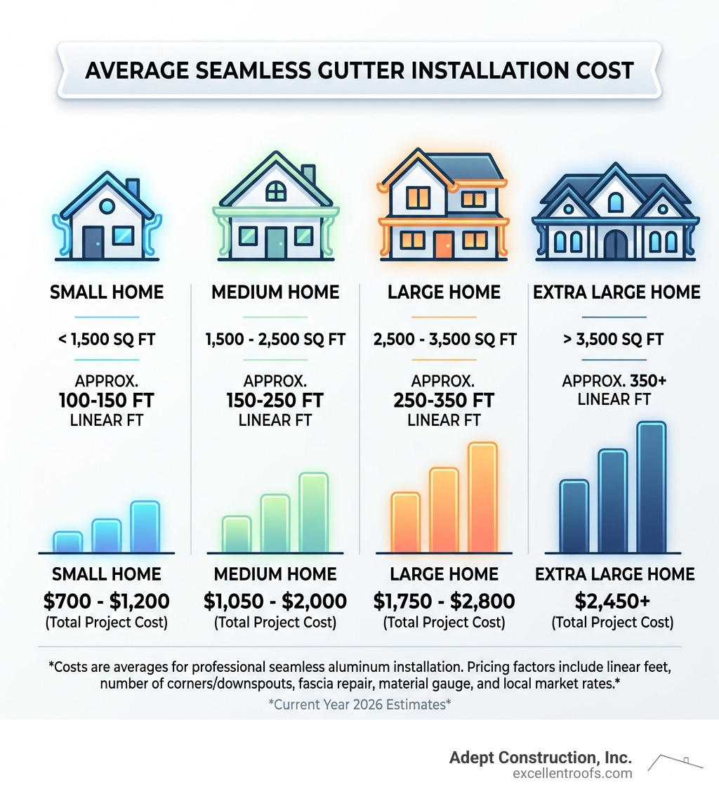 Infographic showing the average total project cost for seamless gutters by home size - seamless gutter installation