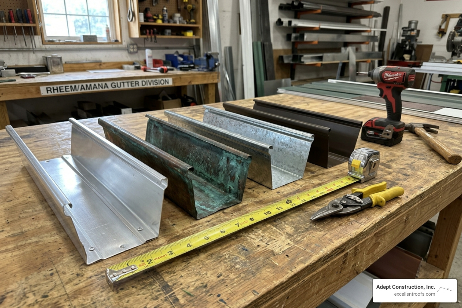 Various gutter material samples including copper, aluminum, and steel - seamless gutter installation