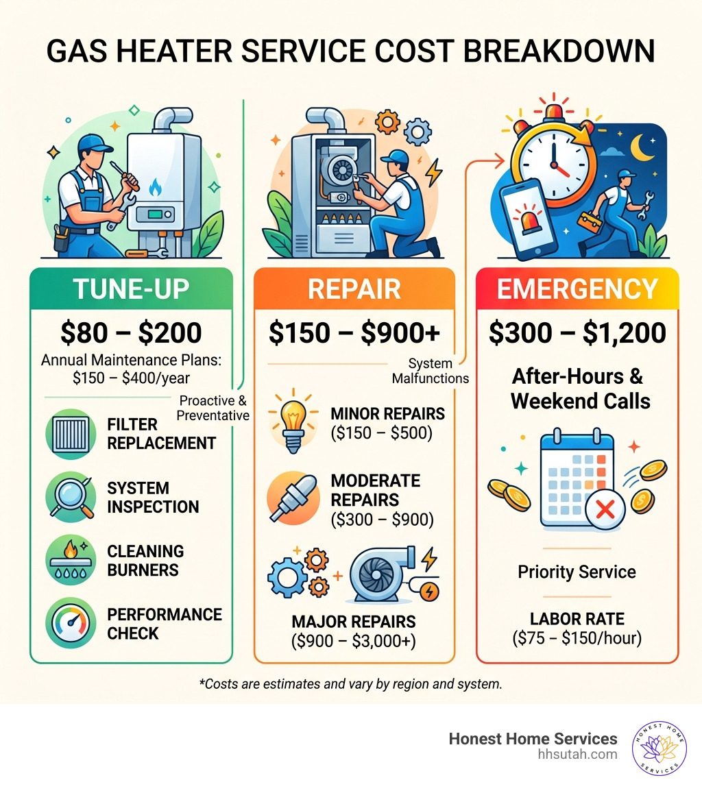 Gas heater service cost breakdown infographic showing tune-up, repair, and emergency pricing tiers - Gas heater service cost Gas heater service cost breakdown infographic showing tune-up, repair, and emergency pricing tiers - Gas heater service cost
