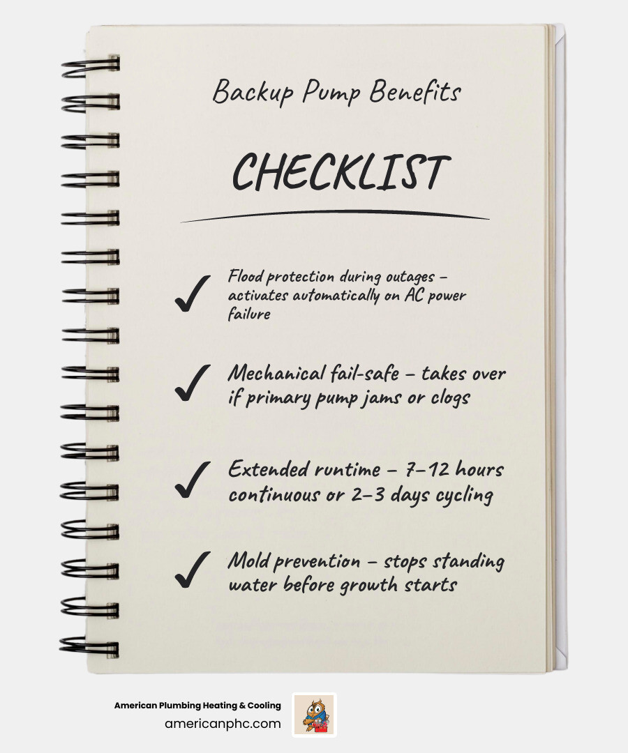 Battery backup sump pump benefits infographic showing activation triggers, runtime, and protection features - battery backup