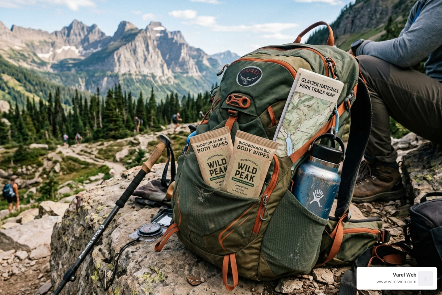 Travel-sized biodegradable wipe packs in a hiking backpack - biodegradable body wipes