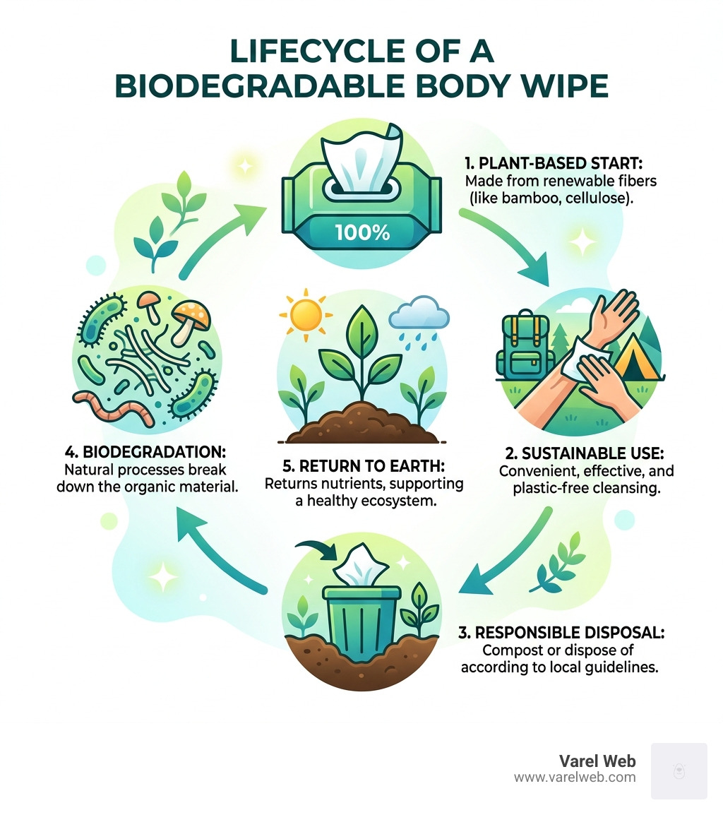Lifecycle of a biodegradable body wipe from use to decomposition - biodegradable body wipes infographic 