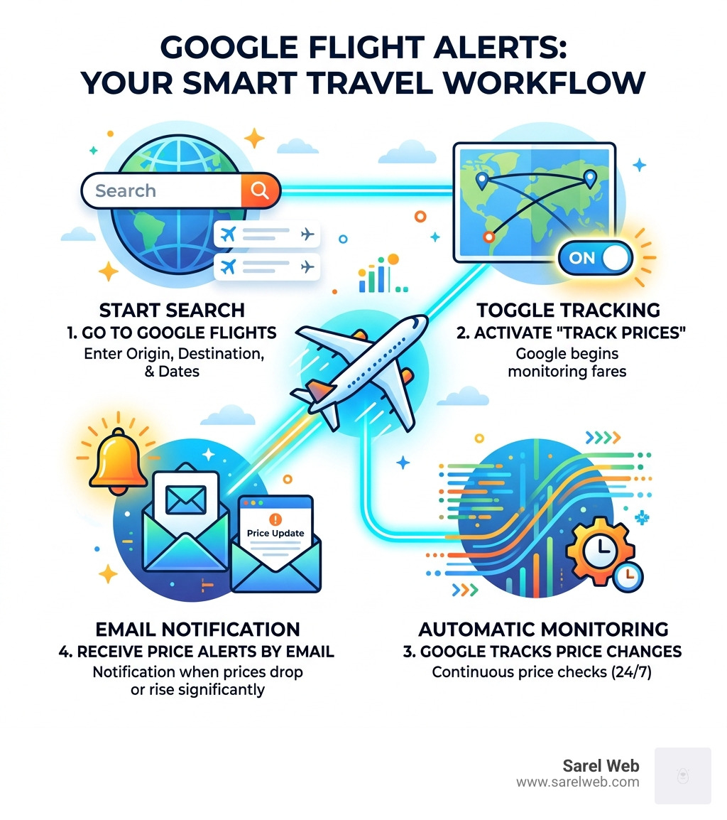 Google Flights price alert workflow from search to email notification infographic - google flight alerts infographic 