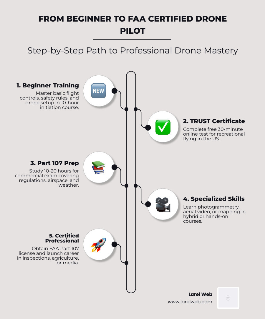 Step-by-step path from beginner to FAA certified professional drone pilot infographic - curso de drone infographic