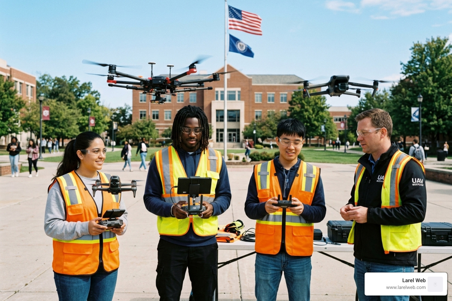 Students practicing flight maneuvers in a professional drone bootcamp - curso de drone