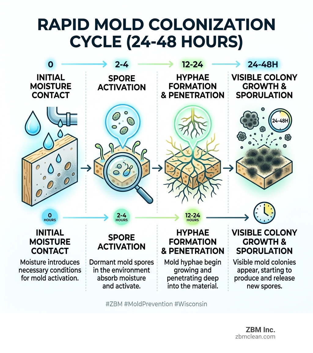 Steps showing 24-48 hour mold colonization cycle from moisture contact to visible colony growth - what kills black mold Steps showing 24-48 hour mold colonization cycle from moisture contact to visible colony growth - what kills black mold