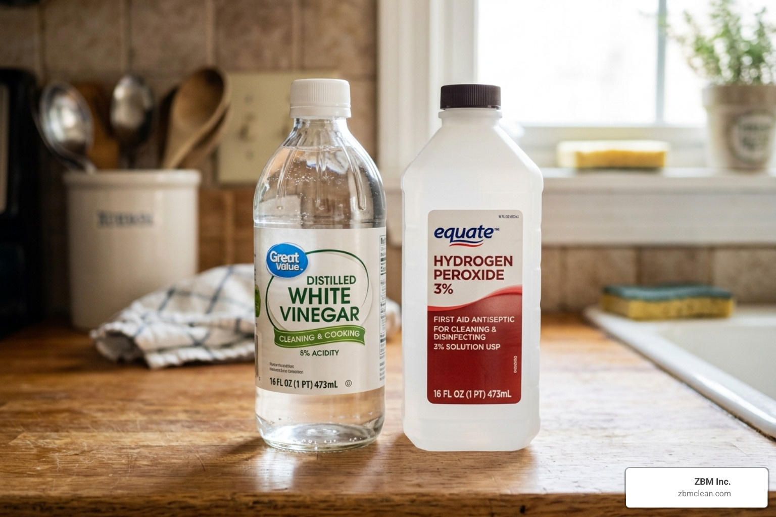 Distilled white vinegar and hydrogen peroxide bottles on a counter - what kills black mold permanently Distilled white vinegar and hydrogen peroxide bottles on a counter - what kills black mold permanently