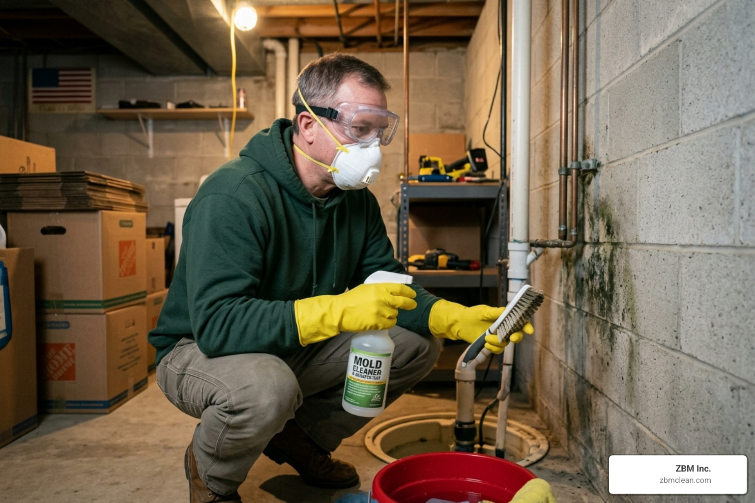 Homeowner wearing an N95 respirator, goggles, and gloves - what kills black mold permanently Homeowner wearing an N95 respirator, goggles, and gloves - what kills black mold permanently