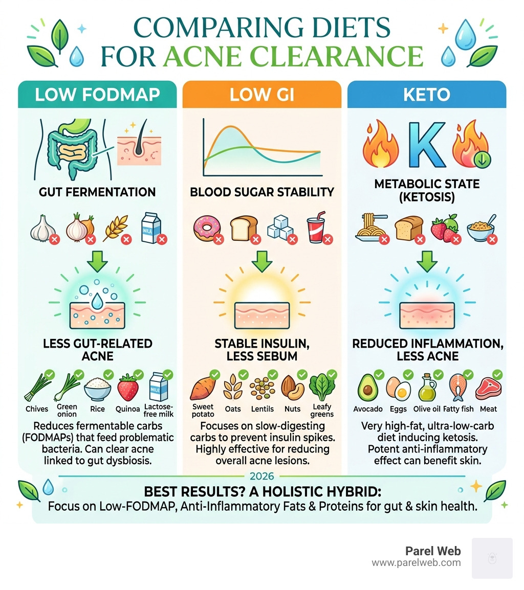 Infographic comparing Low FODMAP, Low GI, and Keto diets for acne - low fodmap acne infographic 