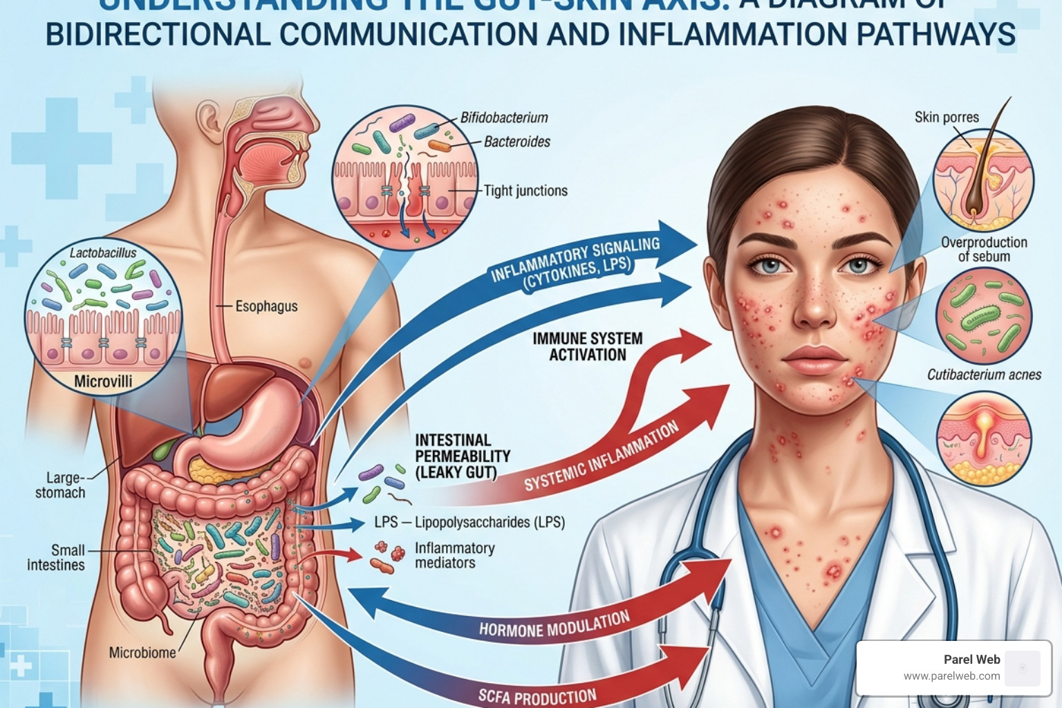 Diagram showing the connection between the digestive system and skin health - low fodmap acne