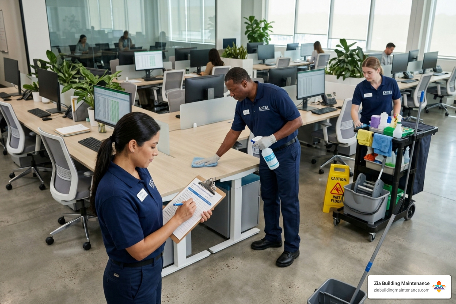 janitorial team using a structured checklist in a large office - office cleaning schedule janitorial team using a structured checklist in a large office - office cleaning schedule