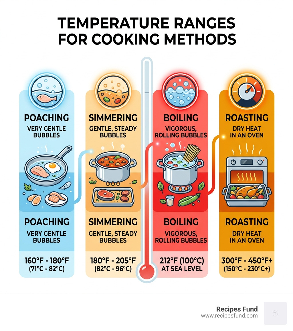 Infographic showing temperature ranges for poaching, simmering, boiling, and roasting - cooking methods list infographic 