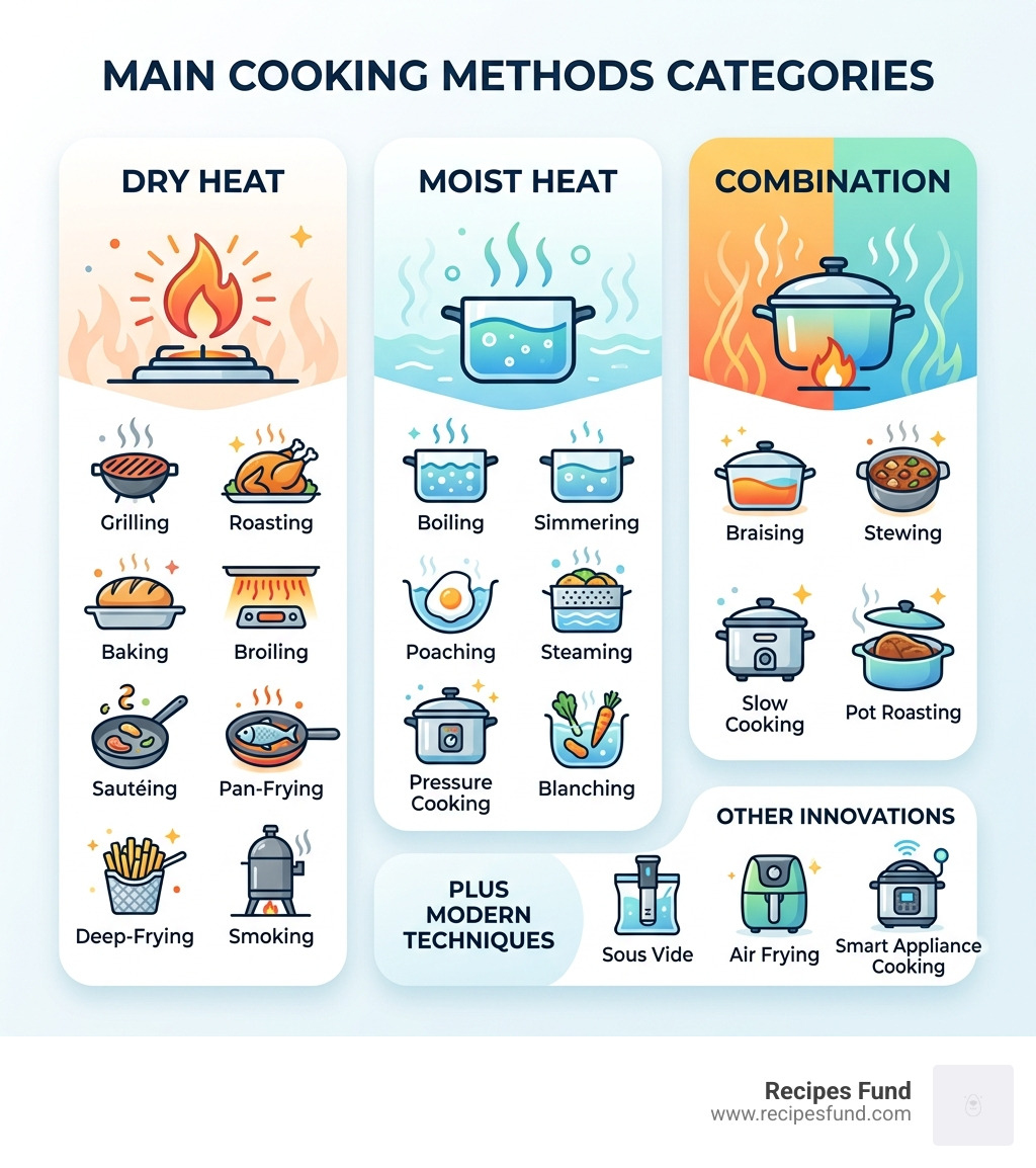 Infographic showing three main cooking categories: dry heat, moist heat, and combination with key methods listed under each