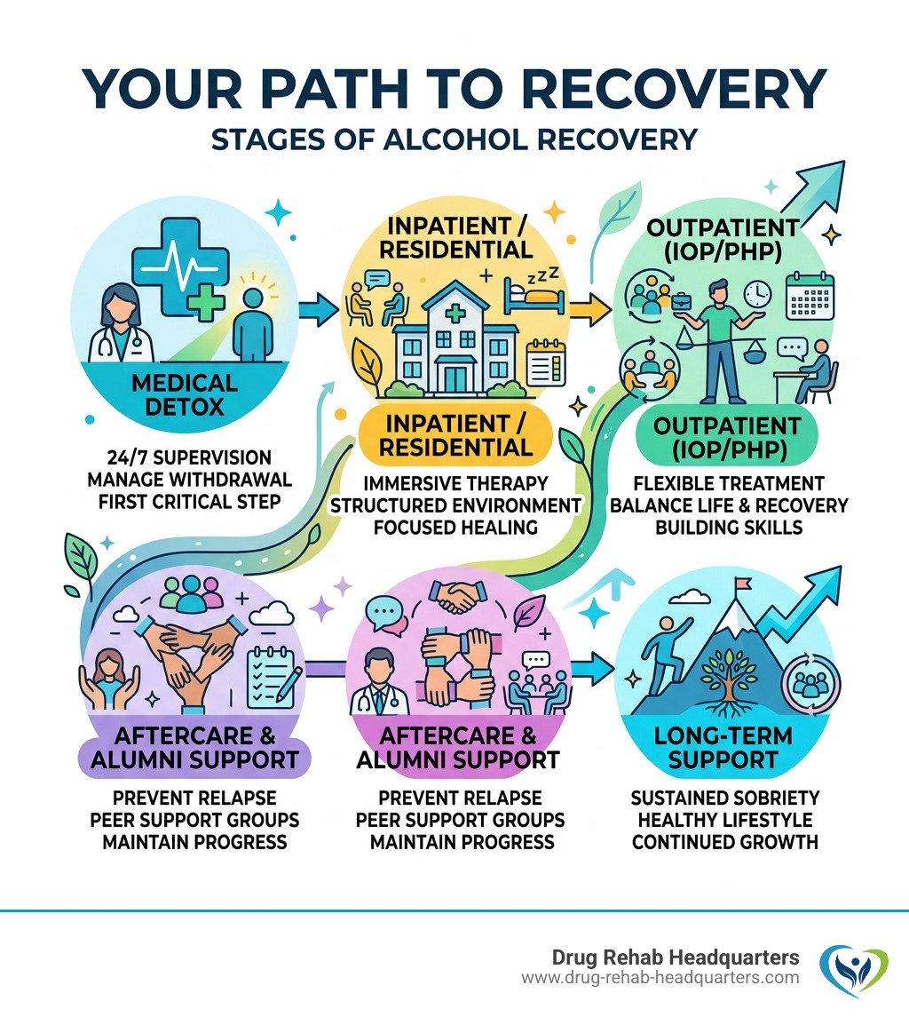 Stages of alcohol recovery infographic: detox, inpatient, outpatient, aftercare, long-term support - Kansas alcohol rehab