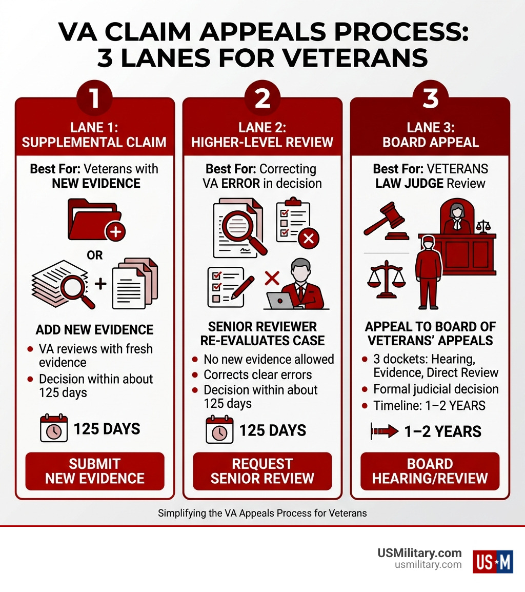 Three-lane VA appeal system infographic: Supplemental Claim, Higher-Level Review, Board Appeal with timelines - VA Claim