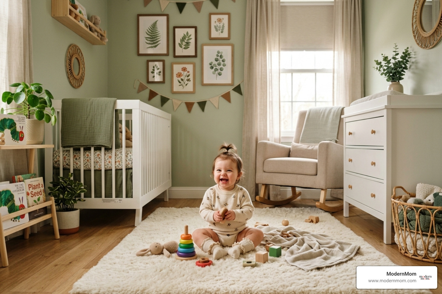 A baby girl playing in a room filled with botanical prints and soft green colors - beautiful rare girl names