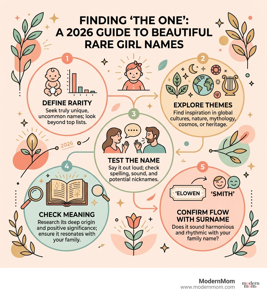 Infographic showing 2026 baby naming process: define rarity, explore themes, test the name, check meaning, confirm flow with